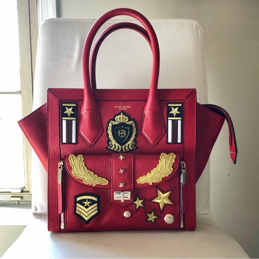 RARE HENRI BENDEL Military Patch Insignia Red Large Leather Rivington Bag Tote